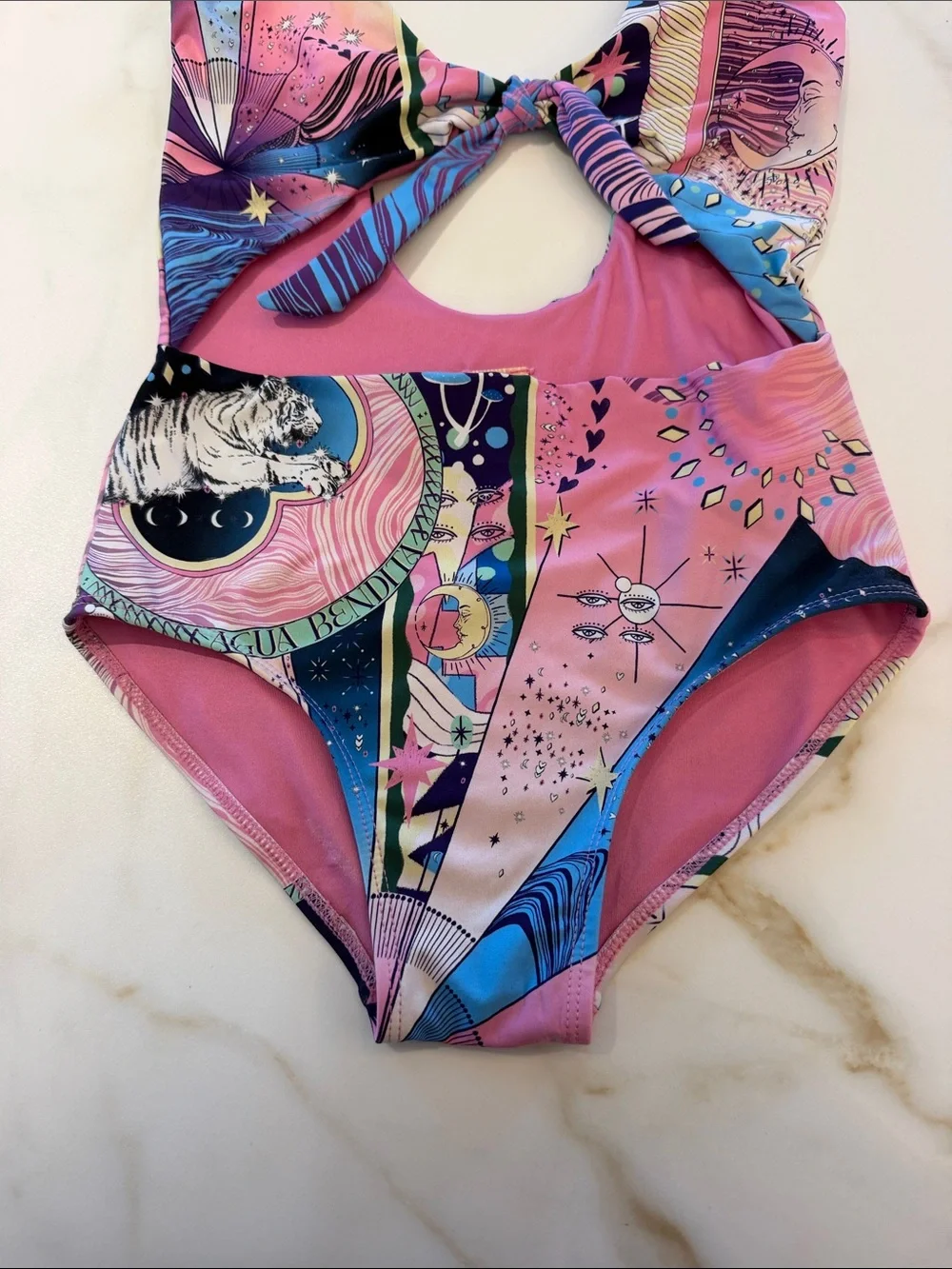Agua Bendita Kids Pink Multicolor One-Piece Swimsuit with Galaxy Print- 14